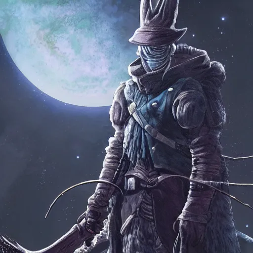 Prompt: a hunter from bloodborne wearing a spacesuit on a space station, retrofuturism, concept art by yoshiyuki tomino, behance contest winner, toonami, redshift, official art