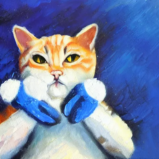 Prompt: palette knife oil painting of a cat wearing a mickey gloves