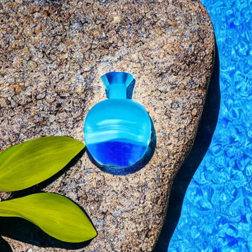 Prompt: perfume bottle on a tropical oasis small rock floating in the reflective blue sea surrounded by plethora of fauna and flora, bright blue skies up close shot, white background, zen, light, modern minimalist f 2 0 clean