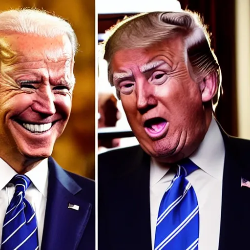 Image similar to joe biden and donald trump getting drunk together at a pub, laughing and joking, at night