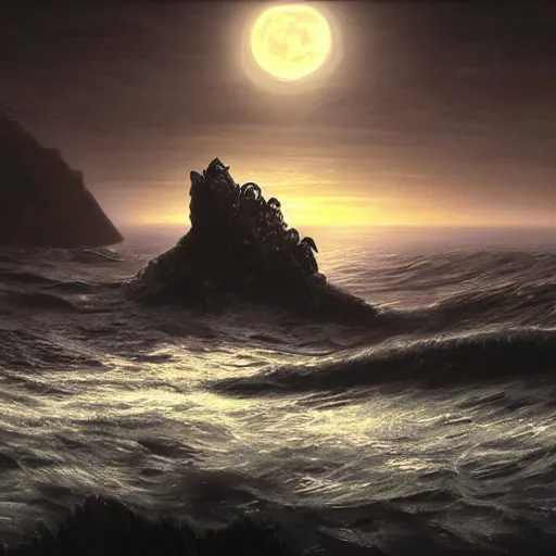 Prompt: a digital painting of cthulu emerging from the sea in the distance, silhuette, back lighting, dramatic scene, detailed, night time, full moon, in the style of greg rutkowski