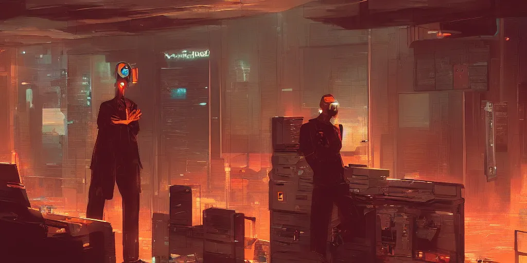 Prompt: the boss is yelling at an anonymous employee in a cyberpunk dystopian office at day in an orange smoke artstation