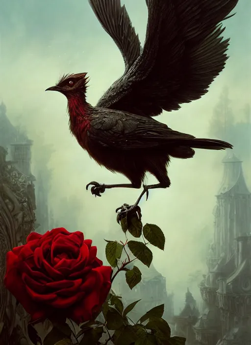 Image similar to the bird has grown its arms and is holding a rose, hyperrealism, no blur, 4 k resolution, ultra detailed, style of tyler edlin, tom bagshaw, arthur rackham, ivan shishkin