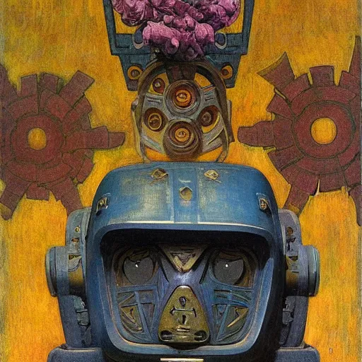 Image similar to a robot wearing a mask made of flowers, by annie swynnerton and diego rivera and nicholas roerich and jean delville, symbolist, dramatic lighting, elaborate geometric ornament, art brut, soft cool colors, smooth, sharp focus, extremely detailed, adolf wolfli and donato giancola and dan munford