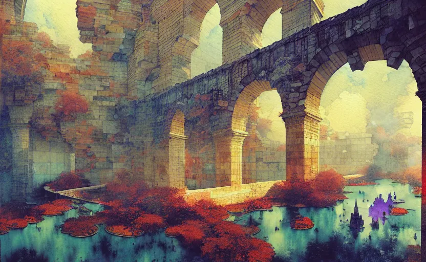 Image similar to tiled room squared waterway, aqueducts, fantasy. intricate, amazing composition, colorful watercolor, by ruan jia, by maxfield parrish, by marc simonetti, by hikari shimoda, by robert hubert, by zhang kechun, illustration, gloomy