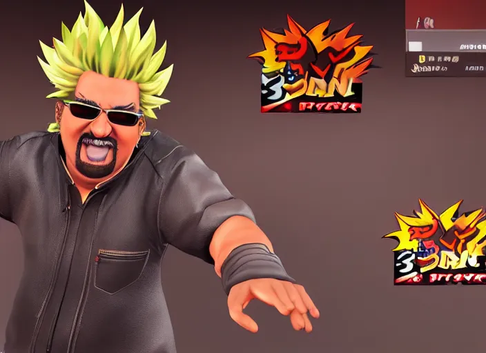 Prompt: 3 d model of guy fieri character in fighting game, stylized 3 d graphics, hdr, ultra graphics, ray tracing, 4 k image