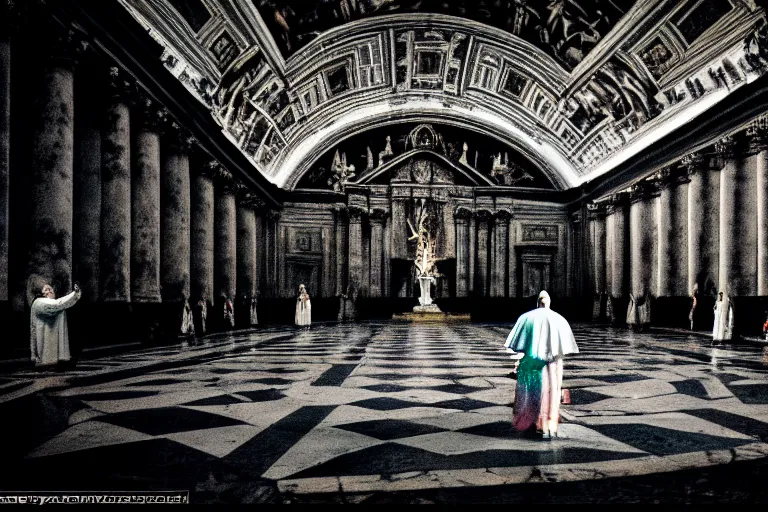 Prompt: dark scene at the vatican, pope performing an exercism ritual, moody atmosphere, 3 5 mm, hyper detailed,