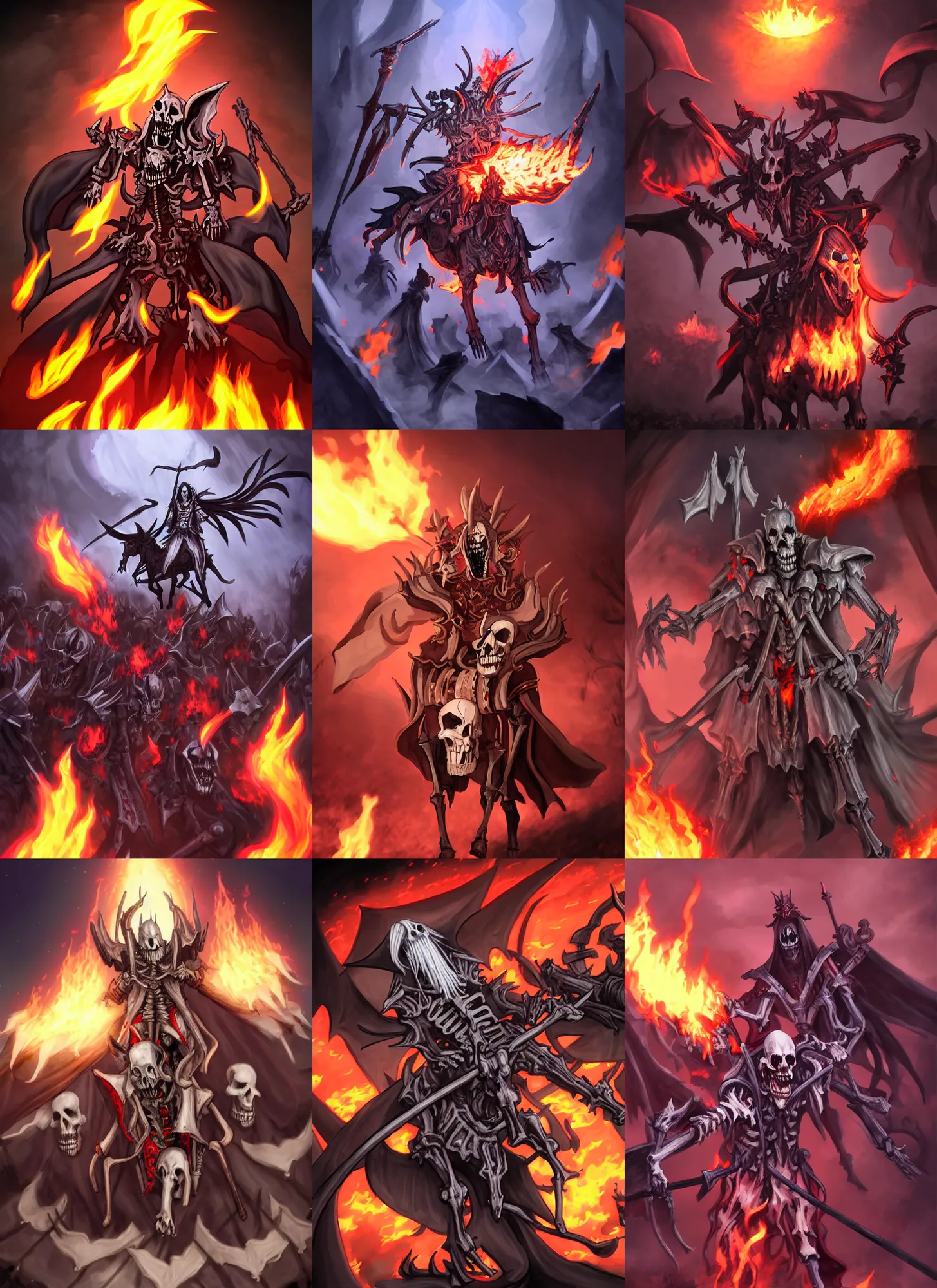 Prompt: ainz ooal gown leading the undead army to battle riding a flaming skeleton horse, art by so - bin