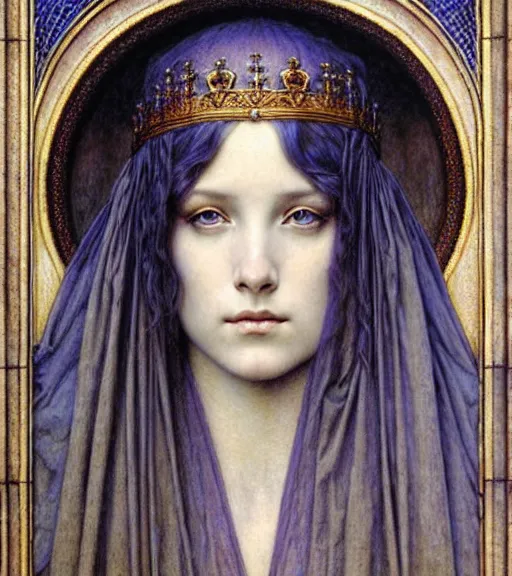 Image similar to detailed realistic beautiful young medieval queen face portrait by jean delville, gustave dore and marco mazzoni, art nouveau, symbolist, visionary, gothic, pre - raphaelite. horizontal symmetry