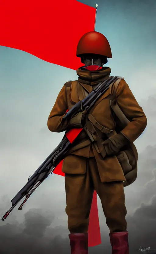 Image similar to Futuristic Soviet soldier with red flag in background, overdetailed digital art, hd, 4k