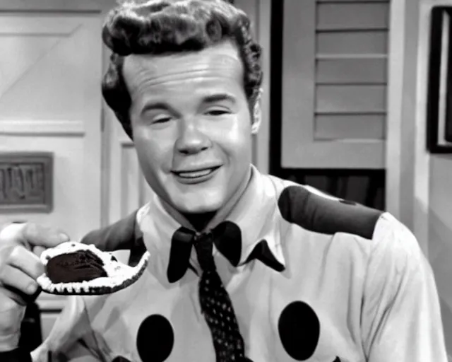 Prompt: Wally Cleaver eating a Choco Taco icecream on Leave It To Beaver, black and white television still