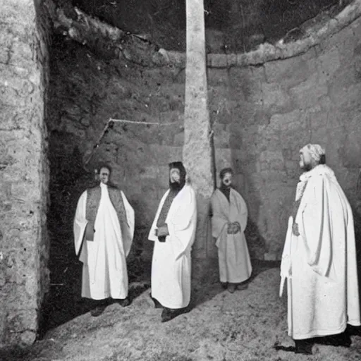 Image similar to worshippers dressed in robes belonging to the cult of the windmill. Dilapidated 1800s windmill. 1800s photo.