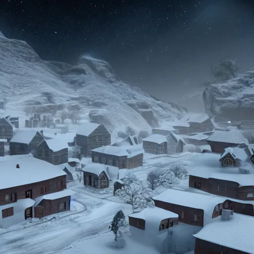 Image similar to a snowy village on the moon, 8 k, highly detailed, unreal engine render