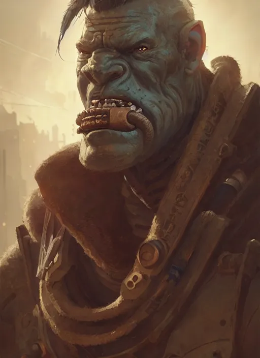 Image similar to a portrait of a ruggedly handsome dieselpunk orc with humanlike features in a city, key visual, ambient lighting, highly detailed, digital painting, artstation, concept art, sharp focus, by makoto shinkai and akihiko yoshida and hidari and wlop