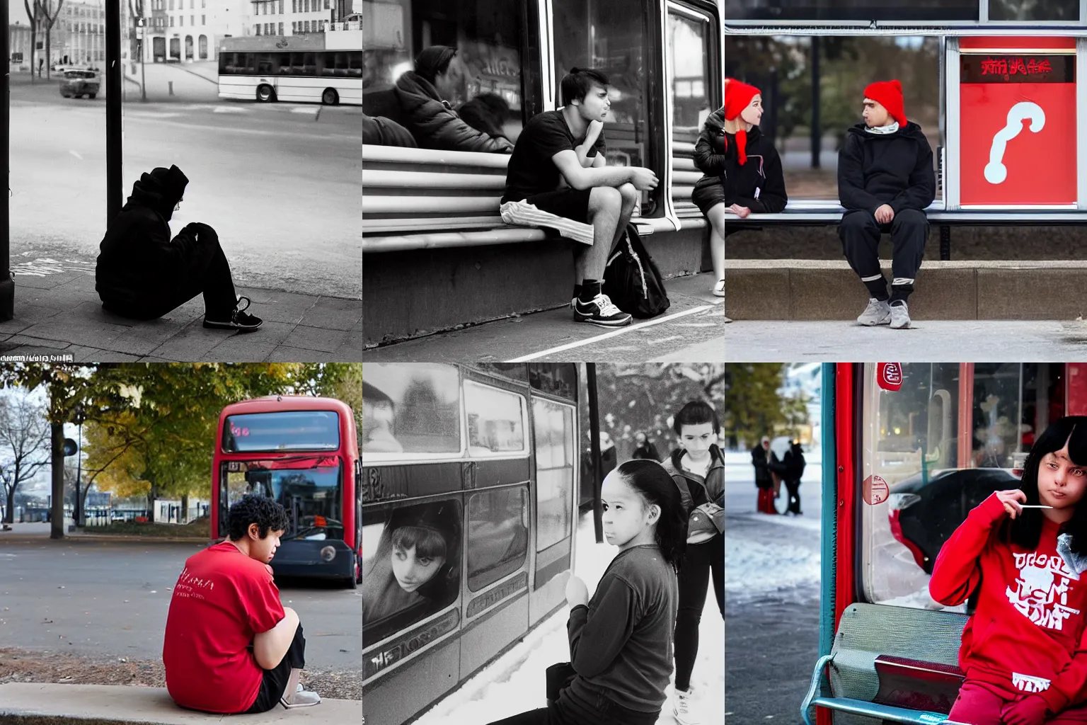 Prompt: A guy with black bangs over his eyes sits at a bus stop in winter and talks to a 14-year-old girl with two puffy red ponytails wearing beige shorts and a red T-shirt with USSR written on it