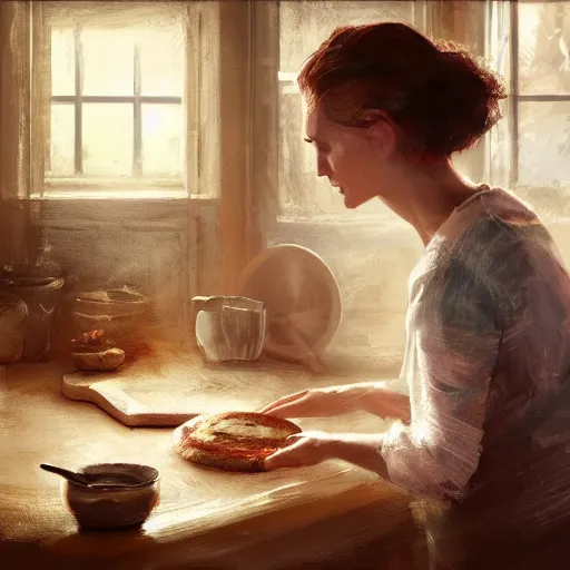 Prompt: a mother proudly baking in the kitchen, digital painting, artstation, concept art, Craig Mullins, Breathtaking, 8k resolution, extremely detailed, beautiful, establishing shot, artistic, hyperrealistic, octane render, cinematic lighting, dramatic lighting, masterpiece, light brazen, extremely detailed and beautiful face