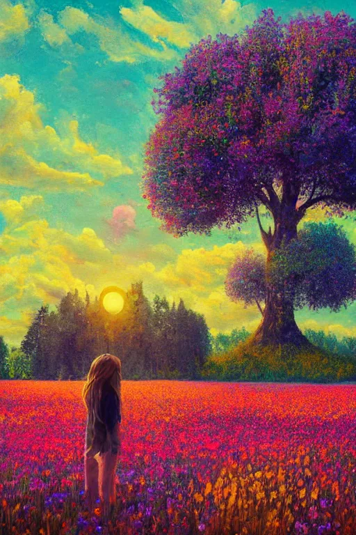 Prompt: flower face, girl standing in flower field, surreal photography, big trees, sunrise dramatic light, impressionist painting, colorful clouds, digital painting, pointillism, artstation, simon stalenhag