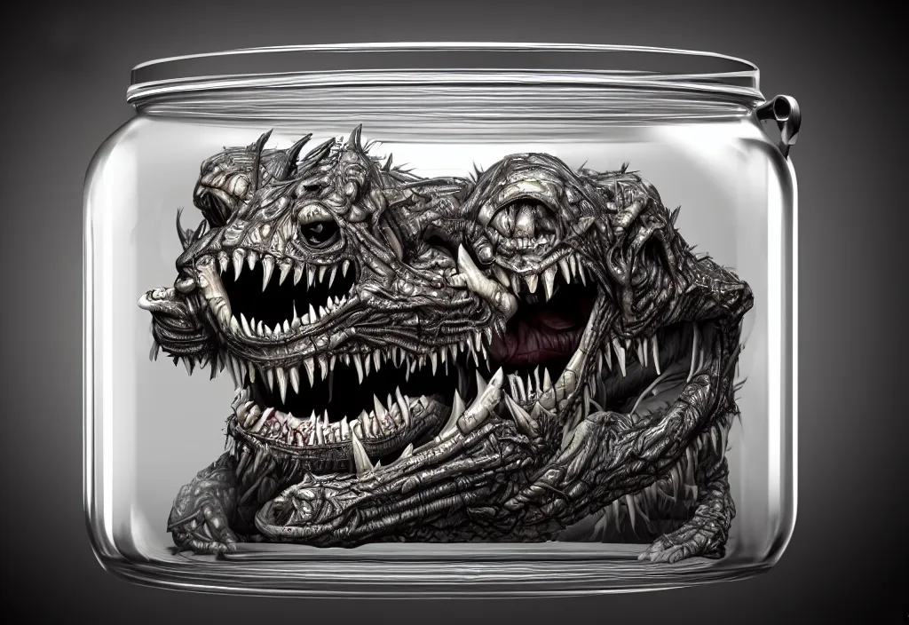 Image similar to Photorealistic miniature monster inside a jar on clean background by H.R. Giger, KDA and Sam Yang, trending on artstation