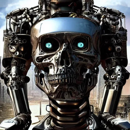 Image similar to highly detailed portrait of a terminator with borg enhancements, 8k. There is a dystopian city in the background