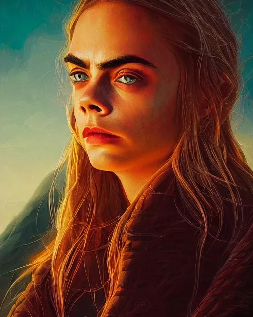 Prompt: portrait of cara delevingne atmospheric lighting, painted, intricate, volumetric lighting, beautiful, rich deep colours masterpiece, golden hour, sharp focus, ultra detailed, in the style of Dan Mumford and marc simonetti