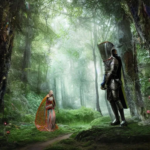 Image similar to female standing in a forest and a male knight standing next to her, 8 k, spotlight, cinematic lighting, global illumination, ambient occlusion, insanely detailed and intricate, hypermaximalist, elegant, ornate, hyper realistic, super detailed, by lee man fong, by pebble tay, by richard dadd, by wlop