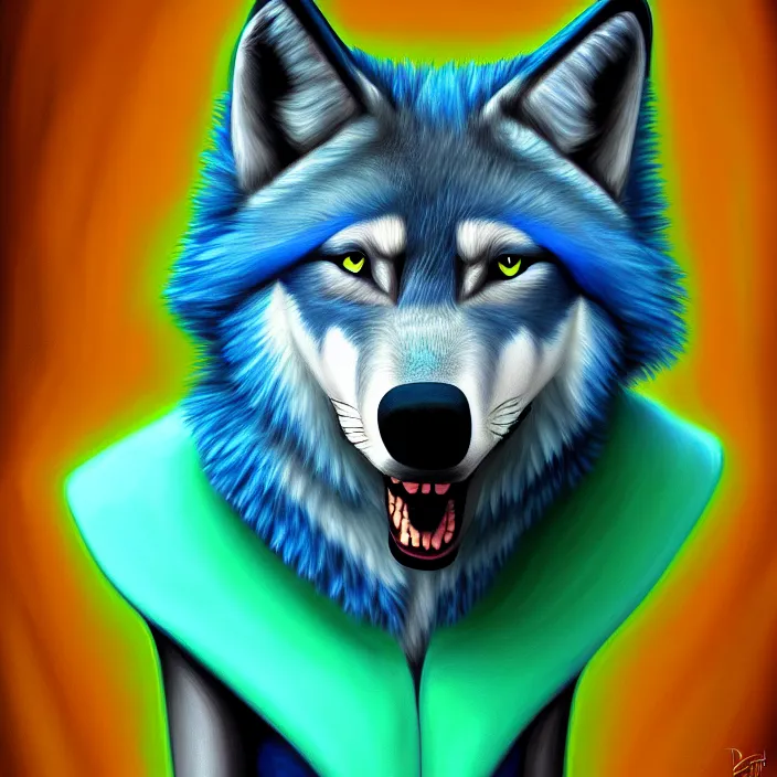 Image similar to a digital painting of a blue anthropomorphic female wolf fursona wearing a green dress, symmetry, focus, furry art, soft lighting, oil on canvas, hyper detailed