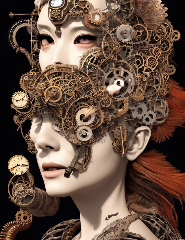 Image similar to 3 d goddess close - up profile steampunk portrait ram skull. beautiful intricately detailed japanese crow kitsune mask and clasical japanese kimono. betta fish, jellyfish phoenix, bio luminescent, plasma, ice, water, wind, creature, artwork by tooth wu and wlop and beeple and greg rutkowski