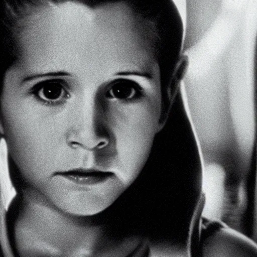 Prompt: film still of carrie fisher as a kid in new star wars movie, dramatic lighting, highly detailed face, kodak film, wide angle shot,