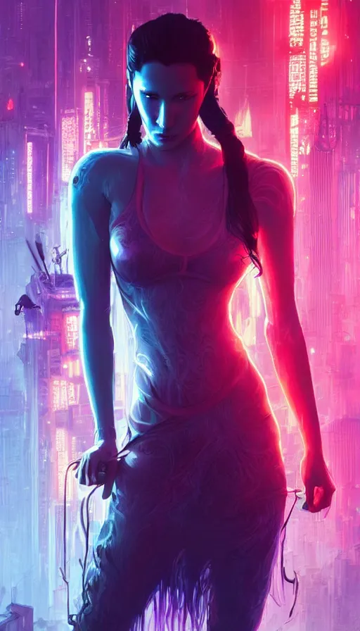 Image similar to altered carbon, young bella hadid, sweaty, tech, warhammer, neon, lord of the rings, intricate, highly detailed, digital painting, artstation, concept art, smooth, sharp focus, illustration, unreal engine 5, 8 k, art by artgerm and greg rutkowski and alphonse mucha