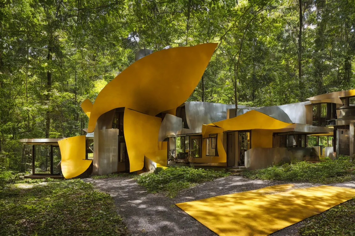 Image similar to a mid century modern house in a forest, designed by Frank Gehry. Tiles. Small gravel driveway . Film grain, cinematic, yellow hue