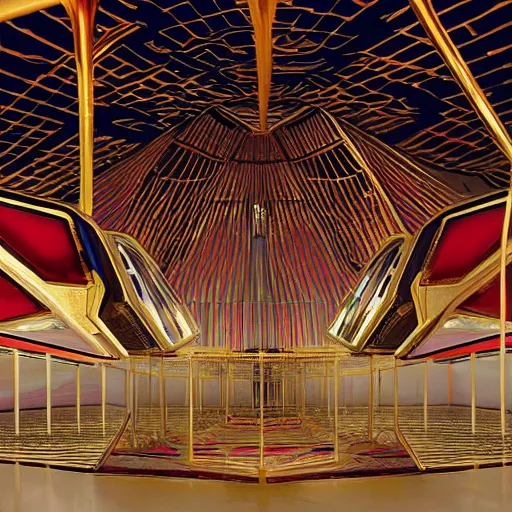 Prompt: interior of a futuristic organic temple with gold, red and white marble panels, in the desert, by buckminster fuller and syd mead, intricate contemporary architecture, photo journalism, photography, cinematic, national geographic photoshoot