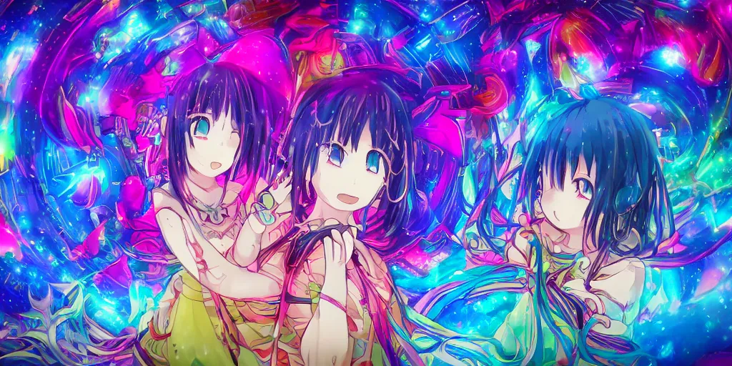 Prompt: Dreamy psychedelic anime, extremely colorful, geometric, Madoka Magica witch labyrinth, patchwork, photoshop, HDR, 4k, 8k, abstract, two anime girls standing within two raging colorful vortexes, detailed and cute faces on the anime girls, very cute and childlike, hugging, smiles and colors, floating feelings, stars as pupils, extremely detailed anime eyes, visible pupils