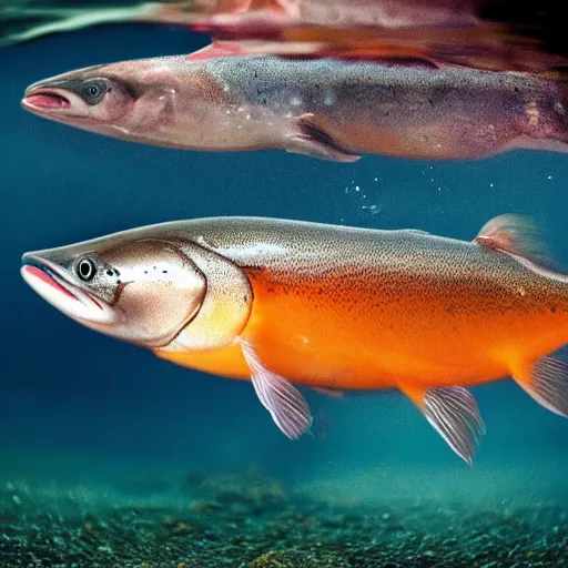 Prompt: photorealistic close up underwater image of an atlantic salmon just about to bite on a fishing fly