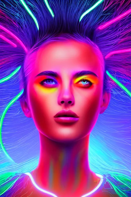 Image similar to a award winning half body portrait of a beautiful woman with stunning eyes in a croptop and cargo pants with rainbow colored ombre hairstyle head in motion and hair flying by thomas danthony, outlined by whirling illuminated neon lines, outrun, vaporware, shaded flat illustration, digital art, trending on artstation, highly detailed, fine detail, intricate