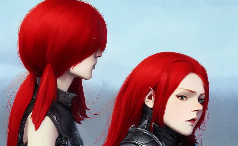 Prompt: girl in a viking armor with red hair symetrical face by Ilya Kuvshinov