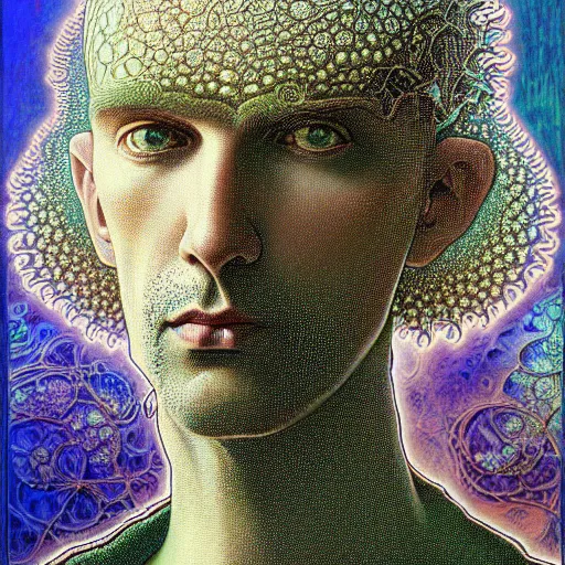 Prompt: realistic extremely detailed fractal lace hybrid photo style portrait painting of an average man with exposed clear brain , retro futuristic ,water , style hybrid mix of beeple,Jean Delville, Amano,Yves Tanguy, Alphonse Mucha, Ernst Haeckel, Edward Robert Hughes,Stanisław Szukalski and Roger Dean, rich moody colors,diamond dust glitter and sparkles,blue eyes,octane render,4k,f32