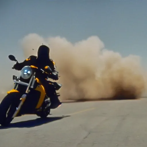 Prompt: film still from 'Displaced Future' (1997). Exciting future action scene of a motorcycle and explosions. Sigma 85mm f/8