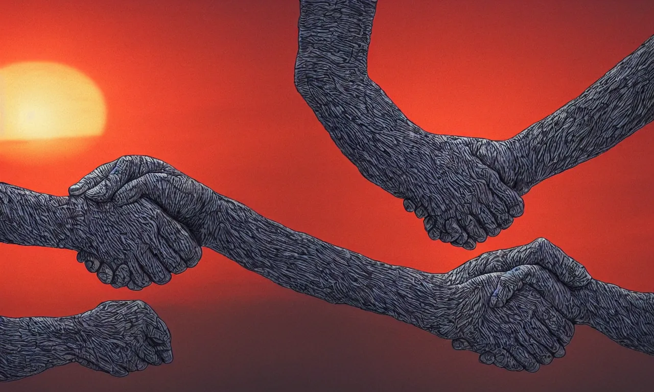 Prompt: close shot of strong handshake and interlocking arms against a background of sillicon chip blood vessels sunset at sunset in the style of jean giraud cinematic