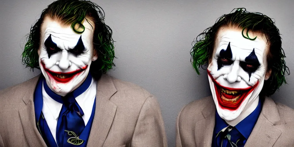 Image similar to joker wearing a suit style, photograph, grinning, creepy,