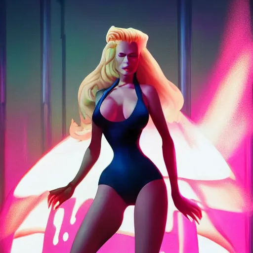 Image similar to kim basinger as holli from the movie cool world, fullbody, huggy - wuggy in poppy playtime video game, cartoon, ultra high detailed, glowing lights, illustration, greg rutkowski, ralph bakshi, hyperrealistic, dynamic lighting, fantasy art, beautiful face