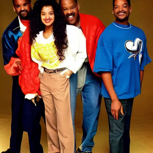 Image similar to will smith, alfonso ribeiro, james avery, karyn parsons, tatyana ali, joseph marcel, dj jazzy jeff, 1 9 9 0, publicity photo