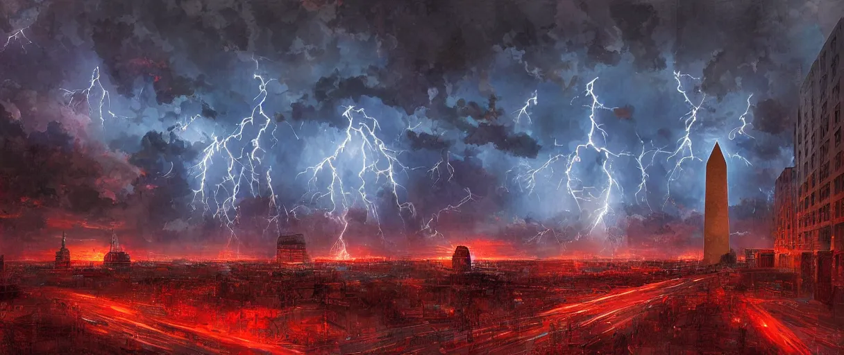 Prompt: washington dc!!, dystopian, lightnings, storm, red and blue ( ( light ) ), very detailed picture, by marc simonetti