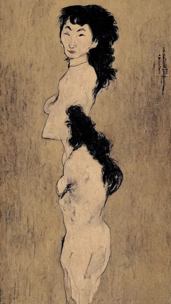 Image similar to Maggie Cheung, portrait en buste, by Henri Tolouse-Lautrec