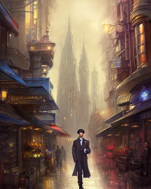 Image similar to portrait of sherlock holmes on a futuristic city street, soft colours, digital painting, detailed, realistic, digital art, by alayna lemmer, by tom bagshaw