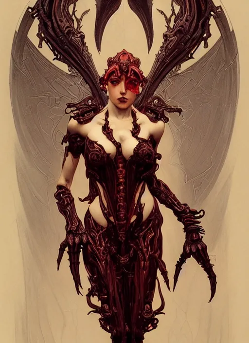 Image similar to masterpiece, infernal succubus girl concept art, stylized, doom, elegant, imperial, epic, intricate art by artgerm, alphonse mucha, h. r. giger, greg rutkowski, josan gonzalez, zdizslaw beksinski, biomechanical, crimson darkness, hellscape