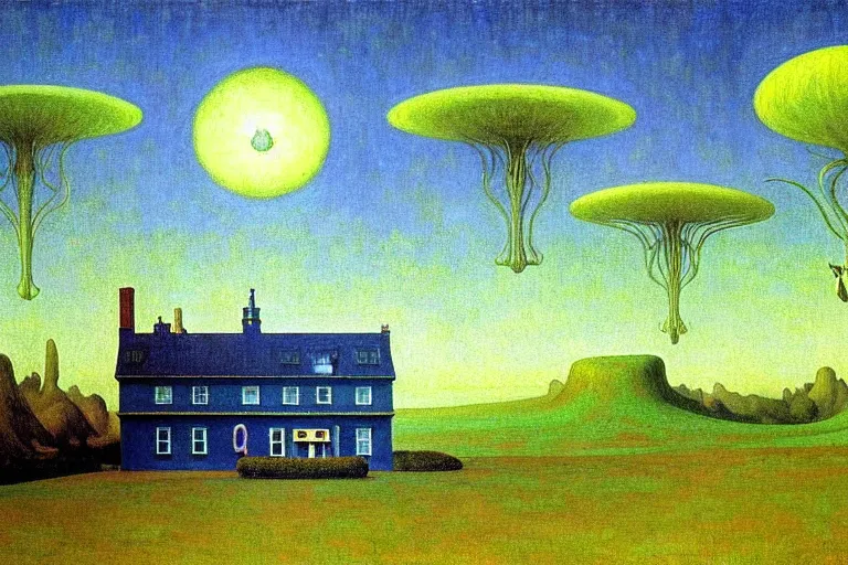 Image similar to realistic detailed landscape painting a single edward hopper house in a plain field, single ufo in the sky, futuristic sci-fi forest on background by Jean Delville, Amano, Yves Tanguy, Alphonse Mucha, Ernst Haeckel, Edward Robert Hughes, Roger Dean, rich moody colours, blue eyes