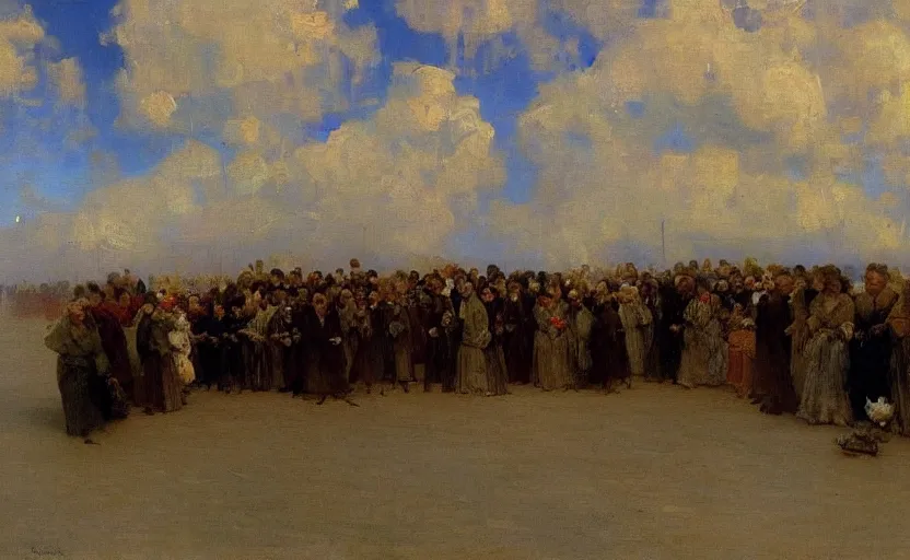 Image similar to high quality high detail painting by ilya repin, a long row of people standing in the clouds, hd