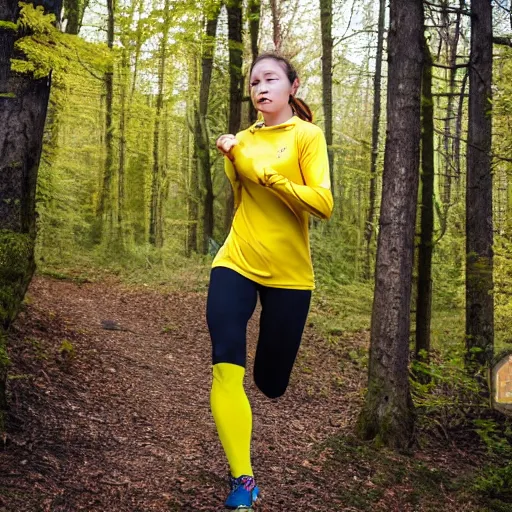 Prompt: a beautiful female orienteer wearing a yellow long - sleeved shirt and black tights runs in the forest, award winning photo, sigma 5 5.