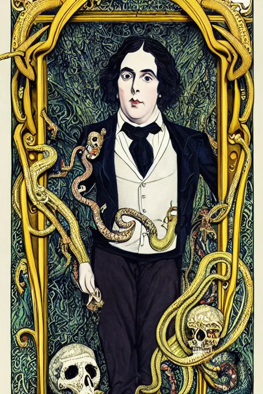 Image similar to realistic portrait of oscar wilde in the center of an ornate rococo frame with skulls and snakes, detailed art by kay nielsen and walter crane, illustration style, watercolor