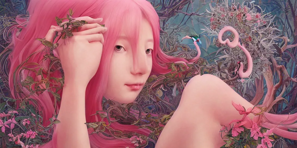 Prompt: breathtaking detailed concept art painting of the goddess of flamingo with pink hair, orthodox saint, with anxious, piercing eyes, ornate background, amalgamation of leaves and flowers, by Hsiao-Ron Cheng and John James Audubon and Miho Hirano, extremely moody lighting, 8K